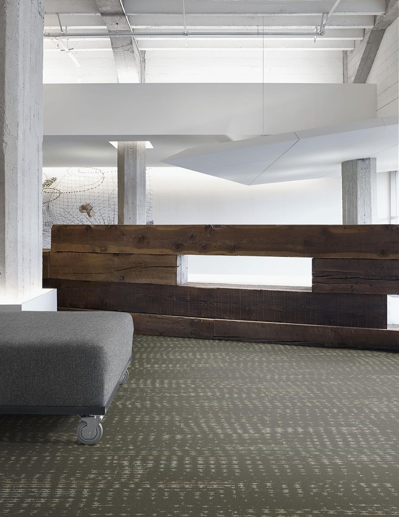 Interface Aquatint plank carpet tile in lobby with gray ottoman and wood desk image number 6